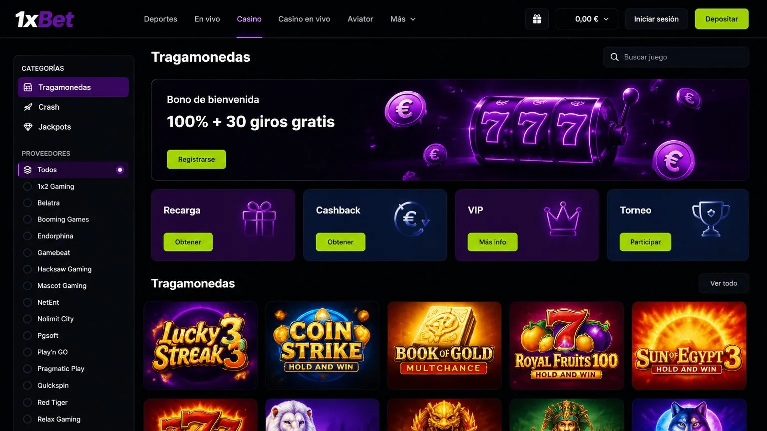 Dentro de 1xBet Casino: tragaperras y proveedores