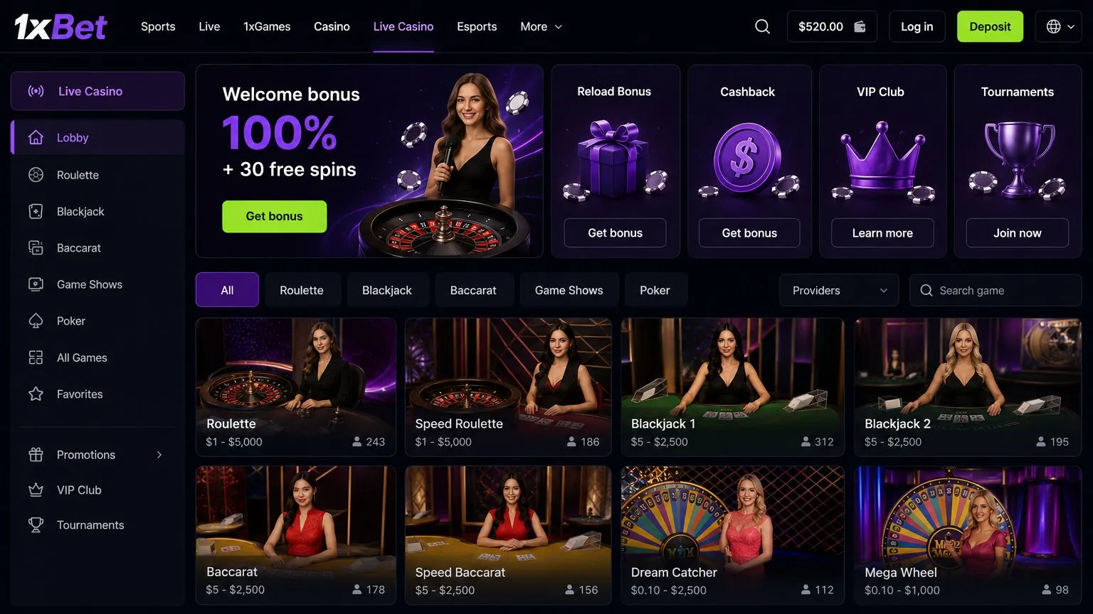 Live dealer studios at 1xBet
