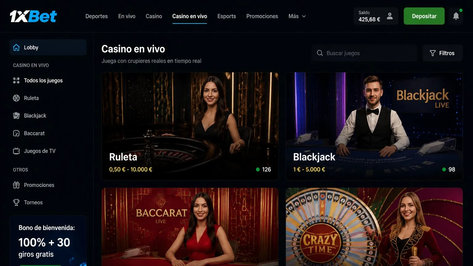 1xBet Live: mesas con crupier en tiempo real