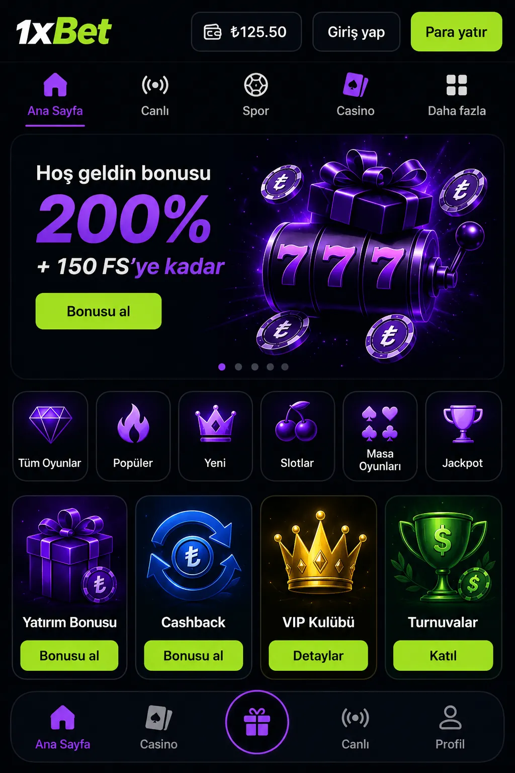 1xBet app içindeki bahis, casino ve siber araçlar